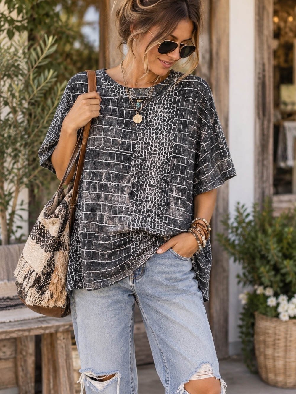 We The Free Charcoal Croc-Print Short Sleeve Top